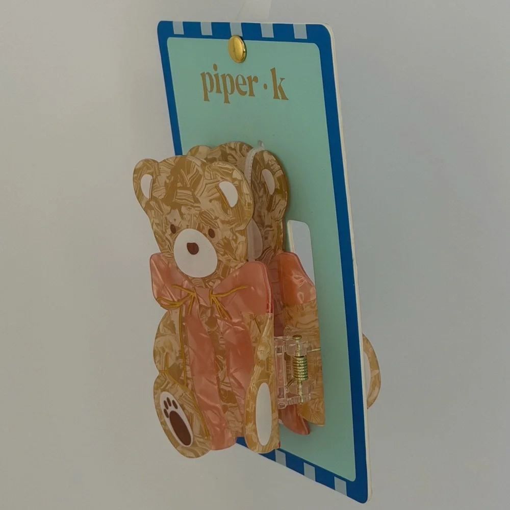 Piper K Teddy Bear Pink Bow Hair Claw Clip brown Pink